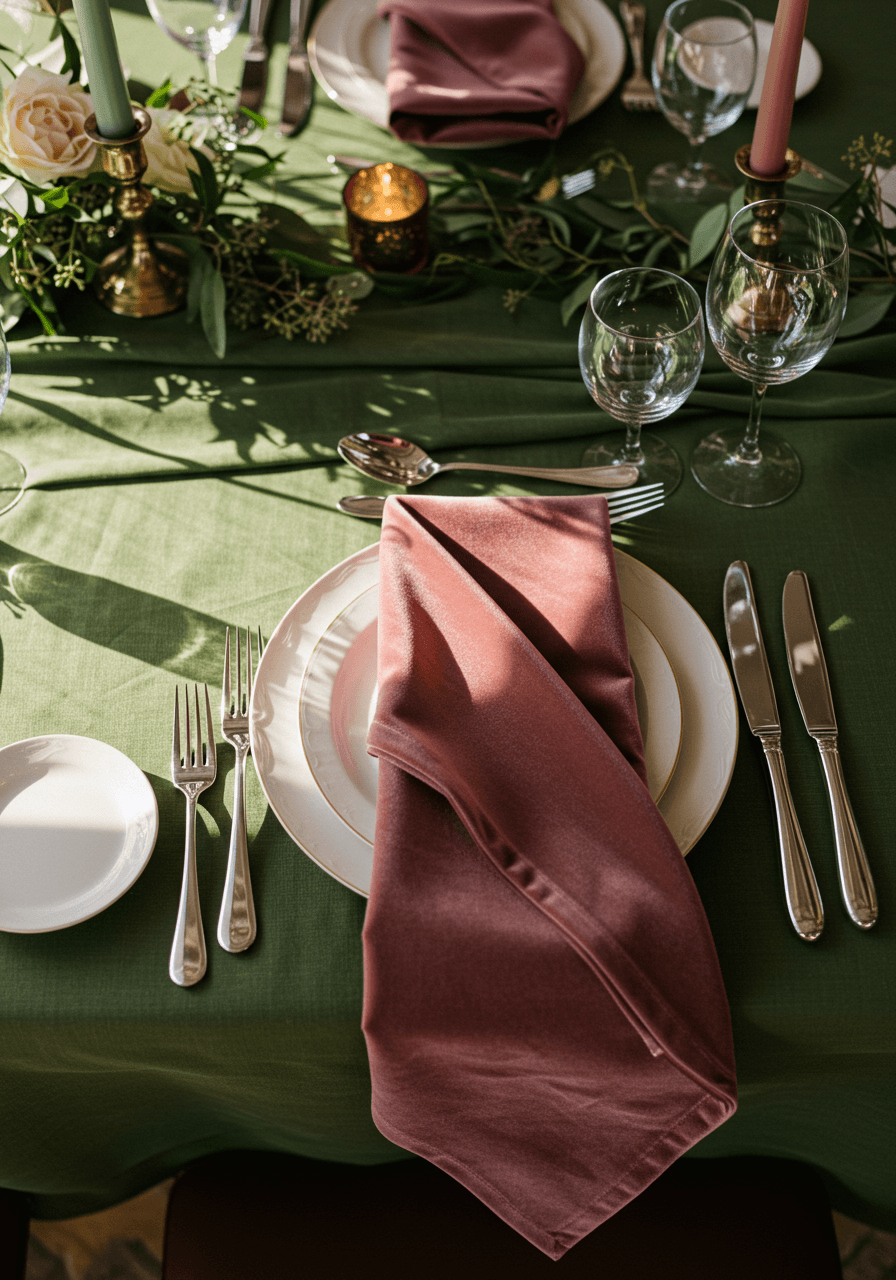 Overhead detail of folded velvet napkins and polished cutlery on elegant reception table