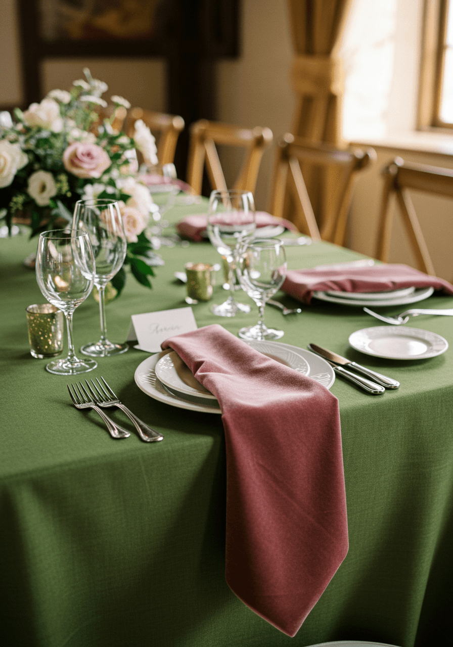 Wedding table setting with olive green linen runner and dusty rose velvet napkins with silverware