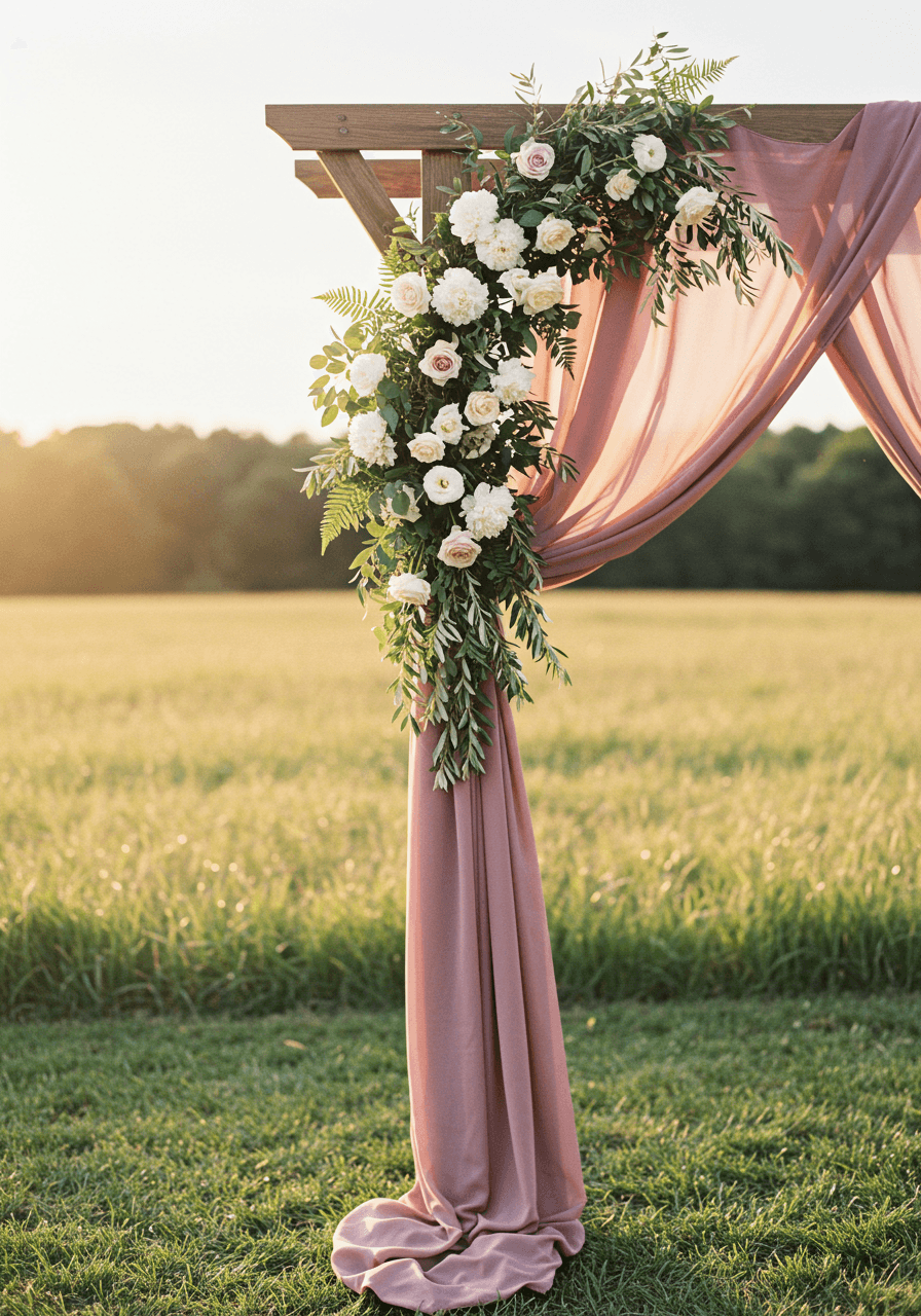 Wooden ceremony arch draped with dusty rose chiffon and olive green foliage in meadow during golden hour