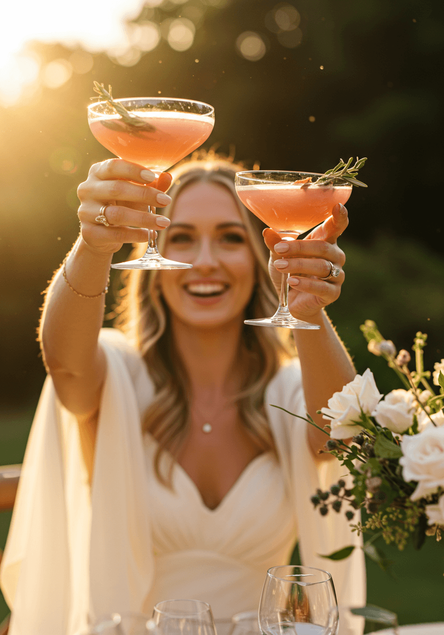 Close-up of bride raising vintage coupe glasses filled with colorful signature cocktails at reception