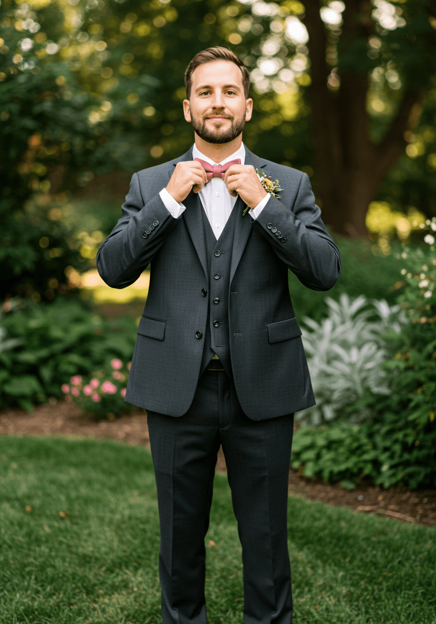 Groom in charcoal three-piece suit adjusting dusty rose bow tie in elegant outdoor garden during golden hour