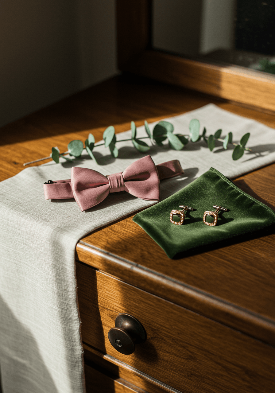 Collection of groom's accessories including dusty rose bow tie and olive green pocket square on rustic wooden dresser