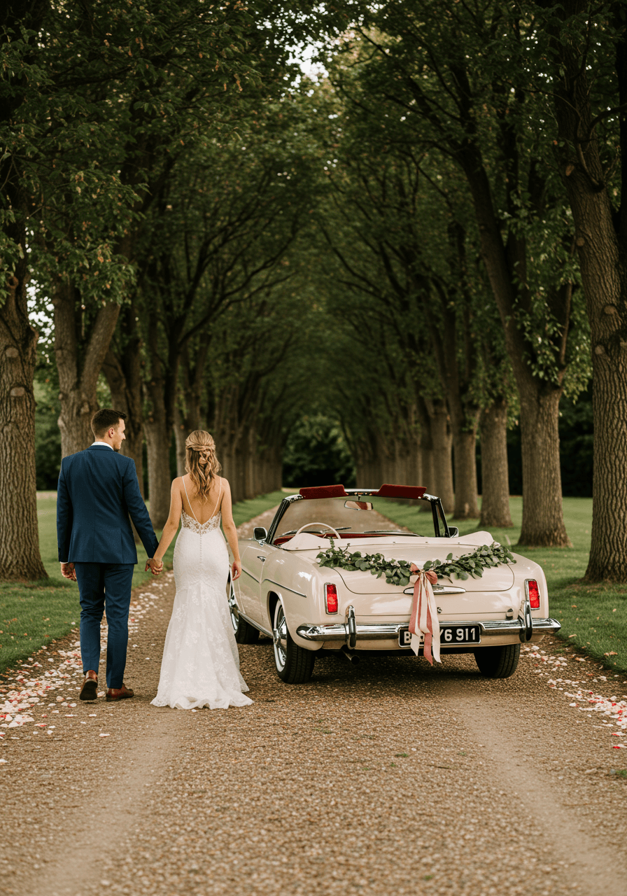 Newlywed couple walking toward vintage convertible decorated with dusty rose and olive green florals