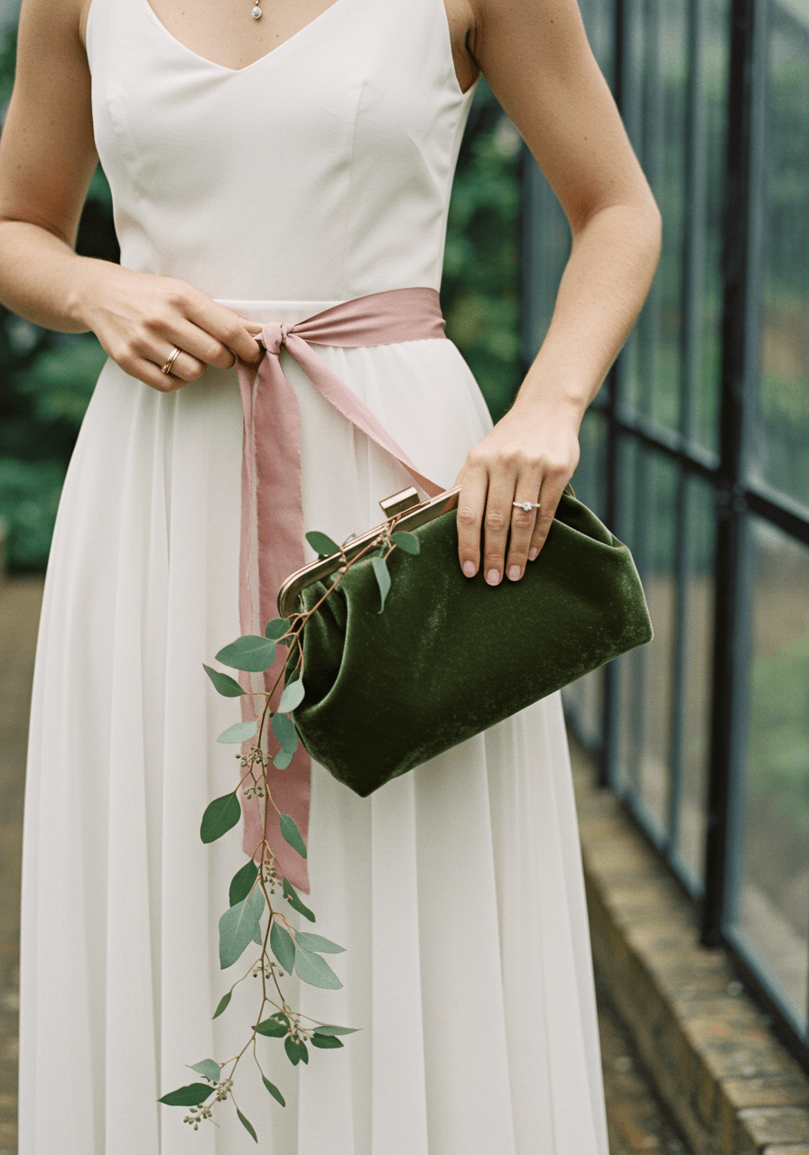 Bride adjusting dusty rose silk ribbon belt and holding olive green velvet clutch in garden conservatory