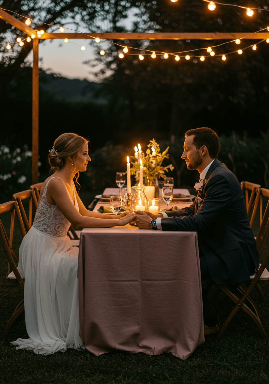 Intimate shot of couple's hands on reception table with flickering candles and warm lighting