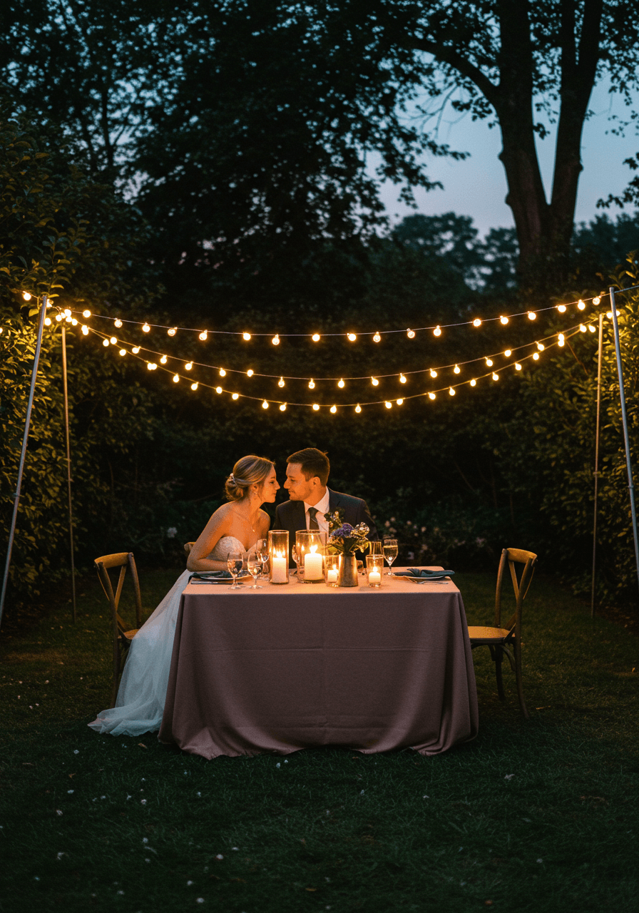 Romantic couple moment at candlelit reception table with string lights overhead in outdoor garden