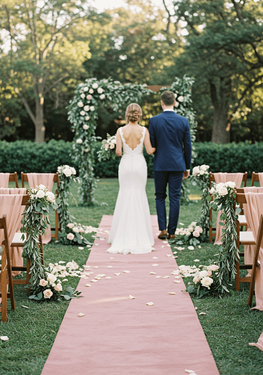 Bride and groom walking down dusty rose fabric aisle runner with olive green eucalyptus garlands in outdoor garden ceremony