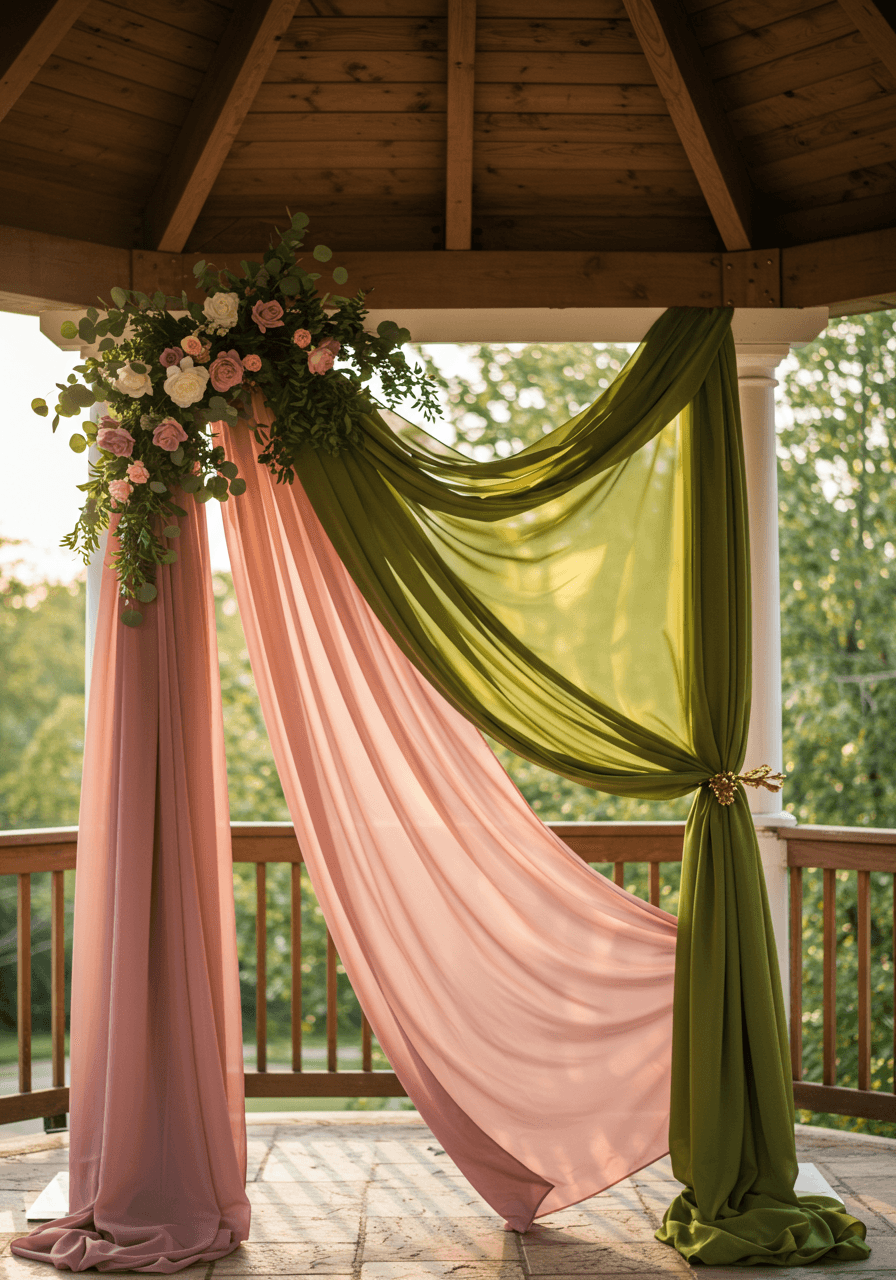 Dusty rose chiffon and olive green silk fabric draped elegantly on ceremony arch during golden hour