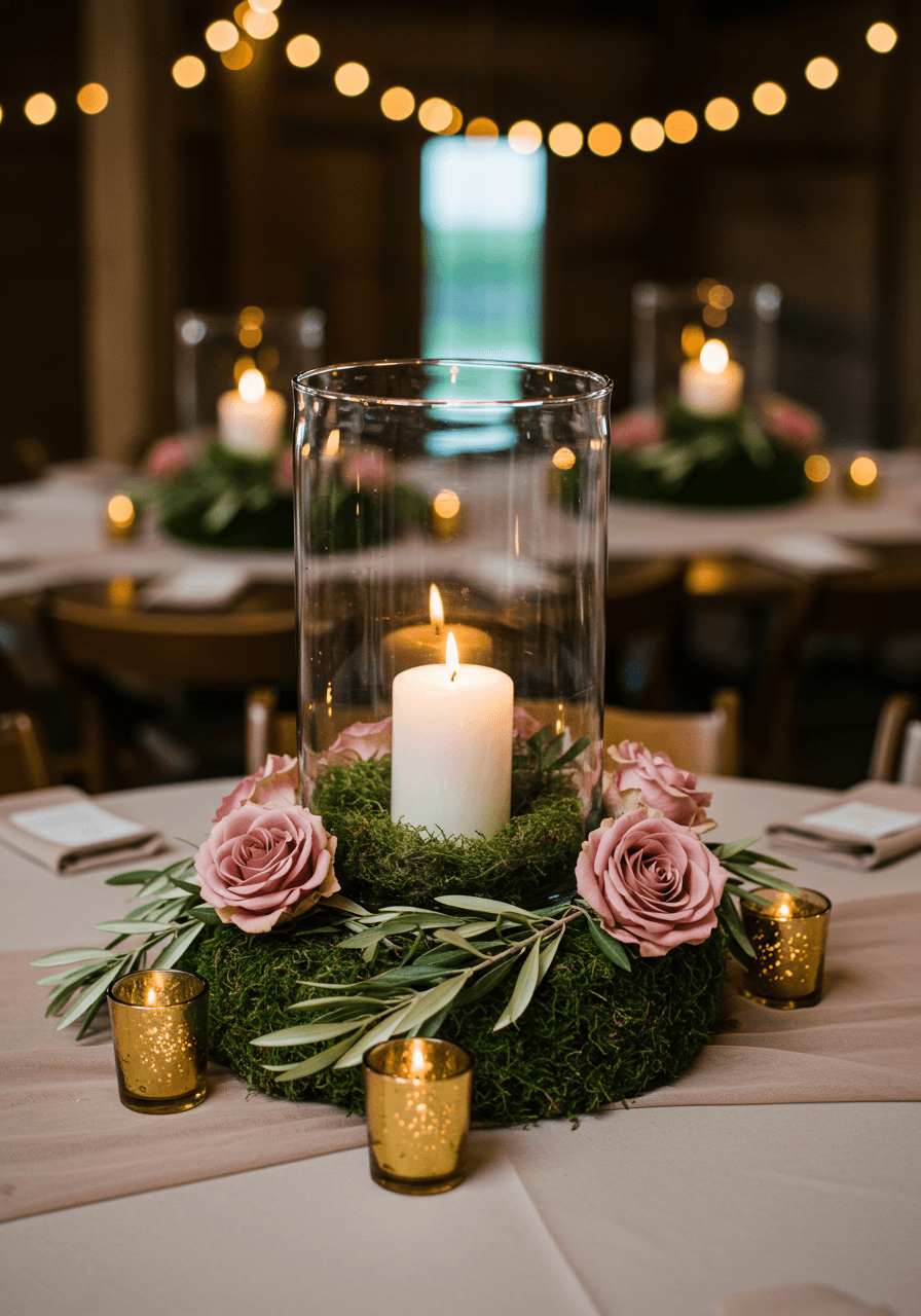 Hurricane lantern centerpiece with olive green moss and dusty rose roses on farmhouse table in barn
