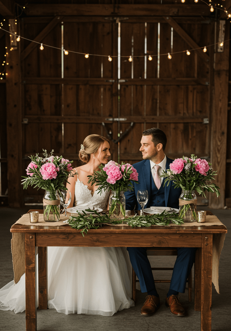 Bride and groom at sweetheart table with dusty rose florals in rustic barn venue during sunset