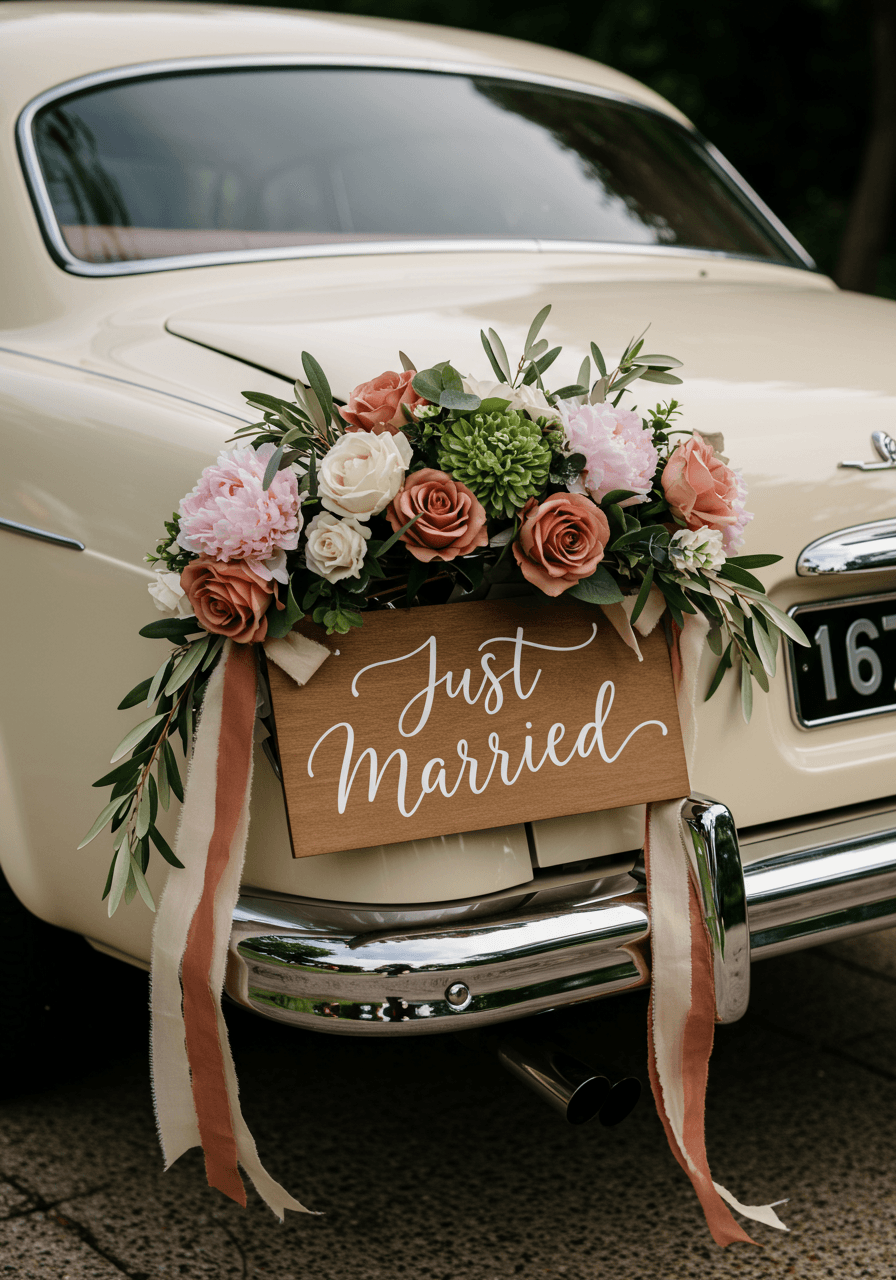 Close-up of vintage car rear with Just Married sign and dusty rose and eucalyptus decorations