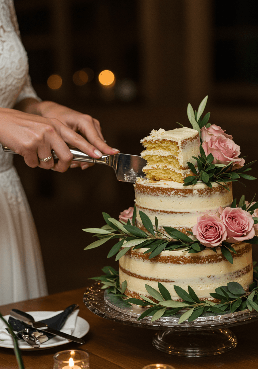 Bride's hands cutting into naked wedding cake adorned with eucalyptus and dusty rose blooms by candlelight