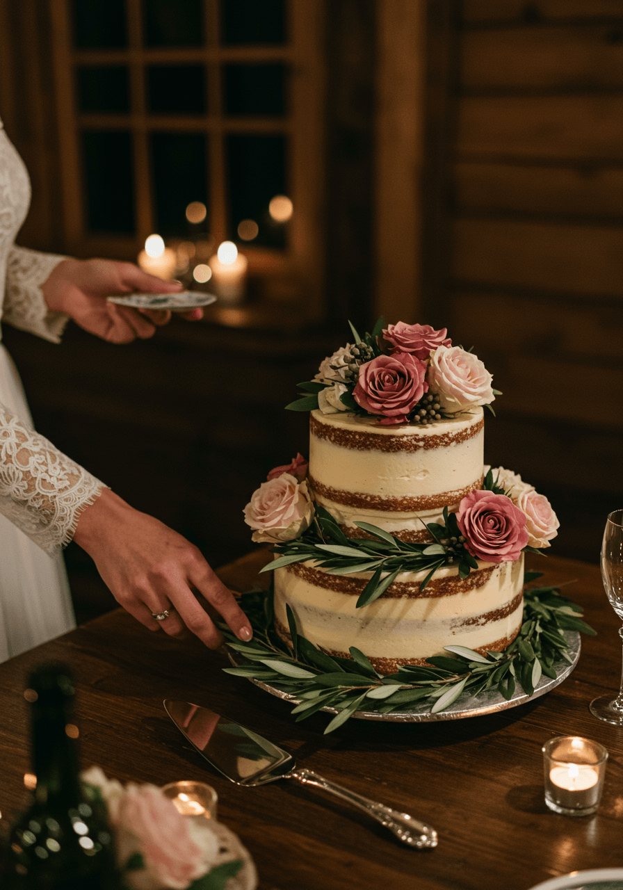 Wide shot of bride and groom cake cutting ceremony with naked cake and fresh floral decorations