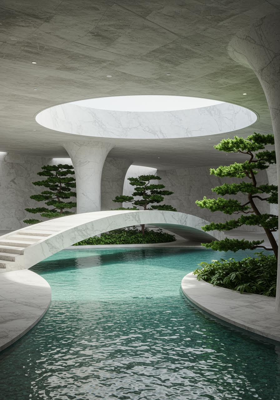 Low angle view of elegant marble bridge over water feature