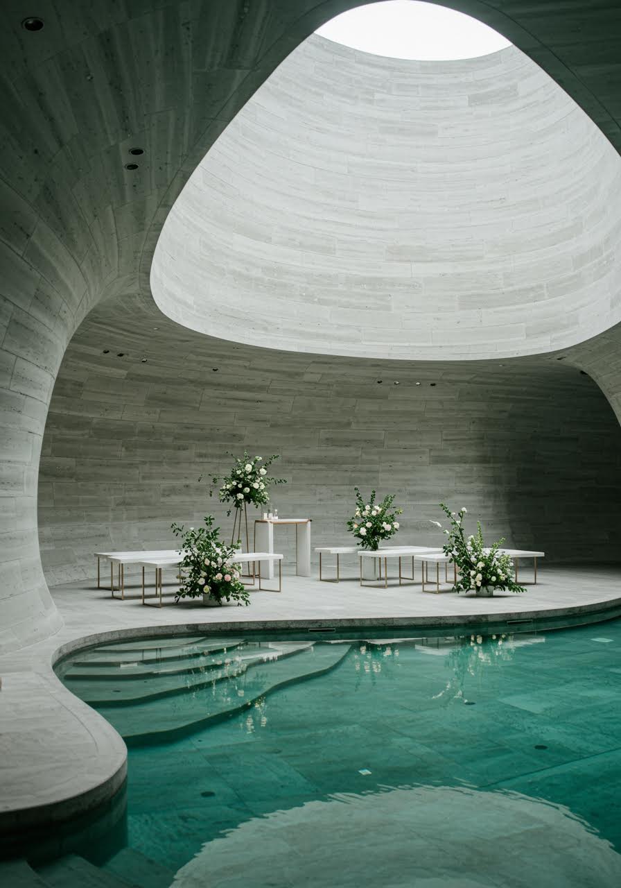 Ground-level view of elegant seating arrangement in poolside ceremony space