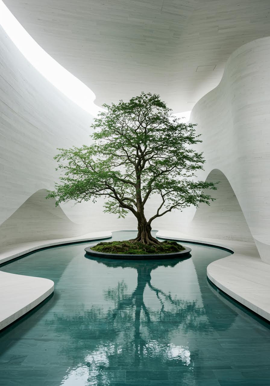 Aerial view of bonsai tree altar arrangement in serene ceremony space