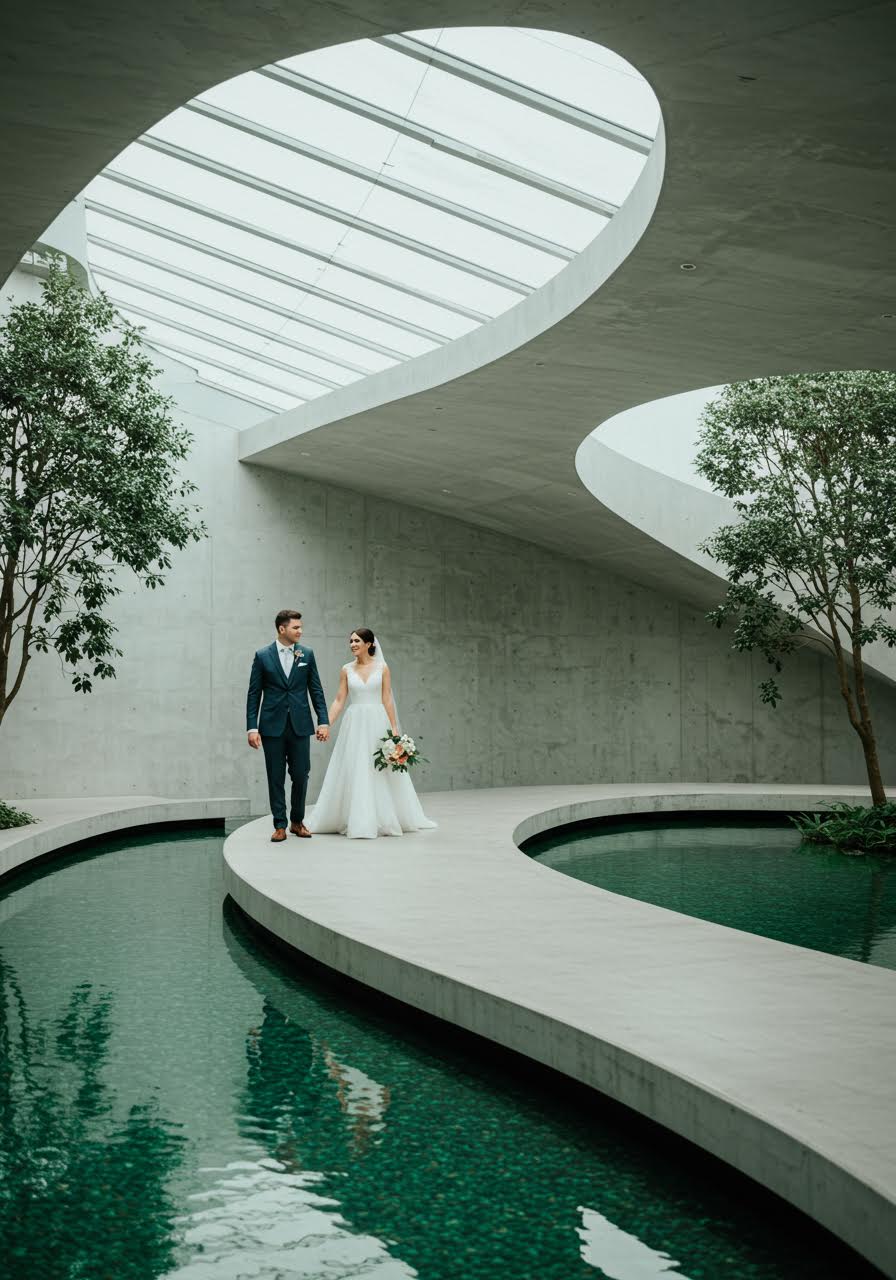 Portrait of couple standing on architectural bridge in romantic venue setting