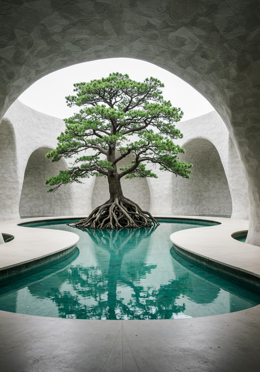 Sculptural tree serving as natural altar in minimalist concrete ceremony space