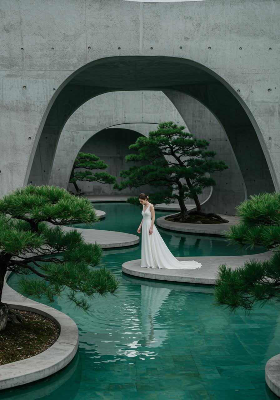Bride touching water surface in intimate moment at glass-walled venue