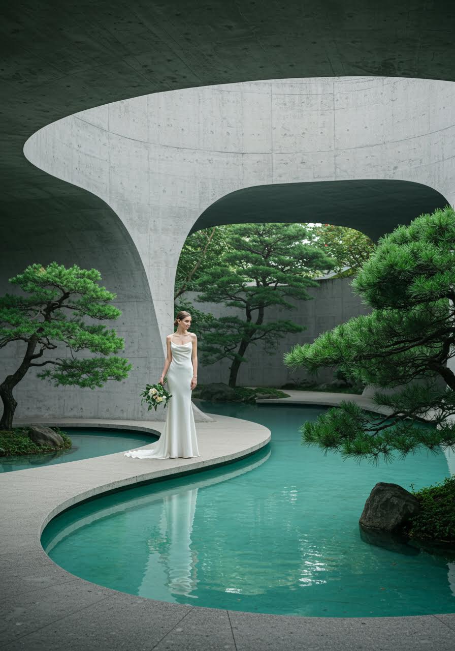 Bride standing beside reflecting pool in minimalist glass sanctuary