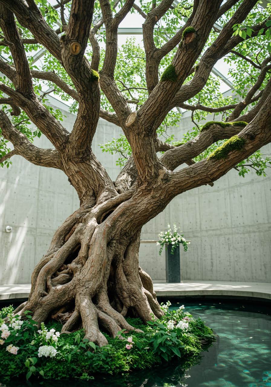 Macro detail of tree bark texture in wedding sanctuary setting