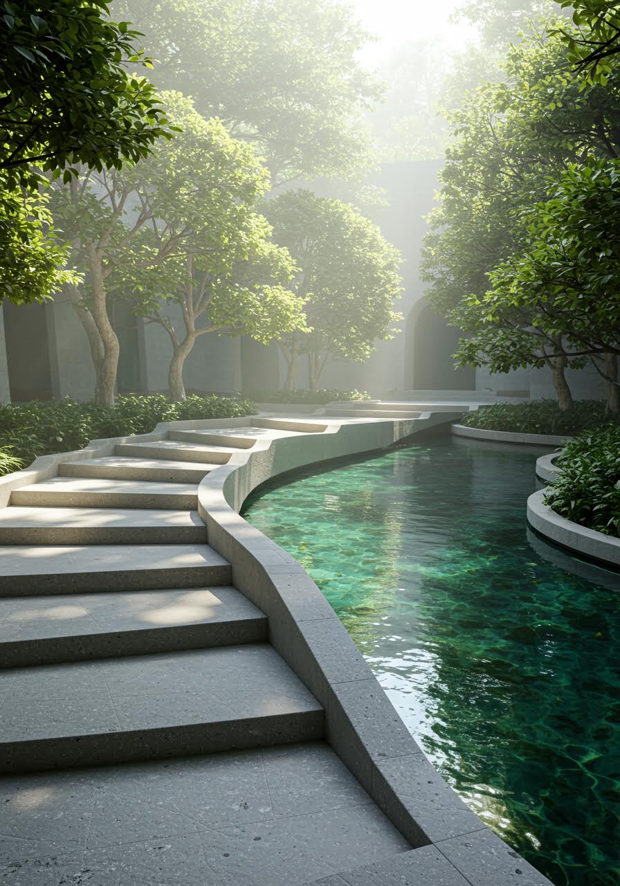 Wide view of stone steps and levels in wedding sanctuary grotto design