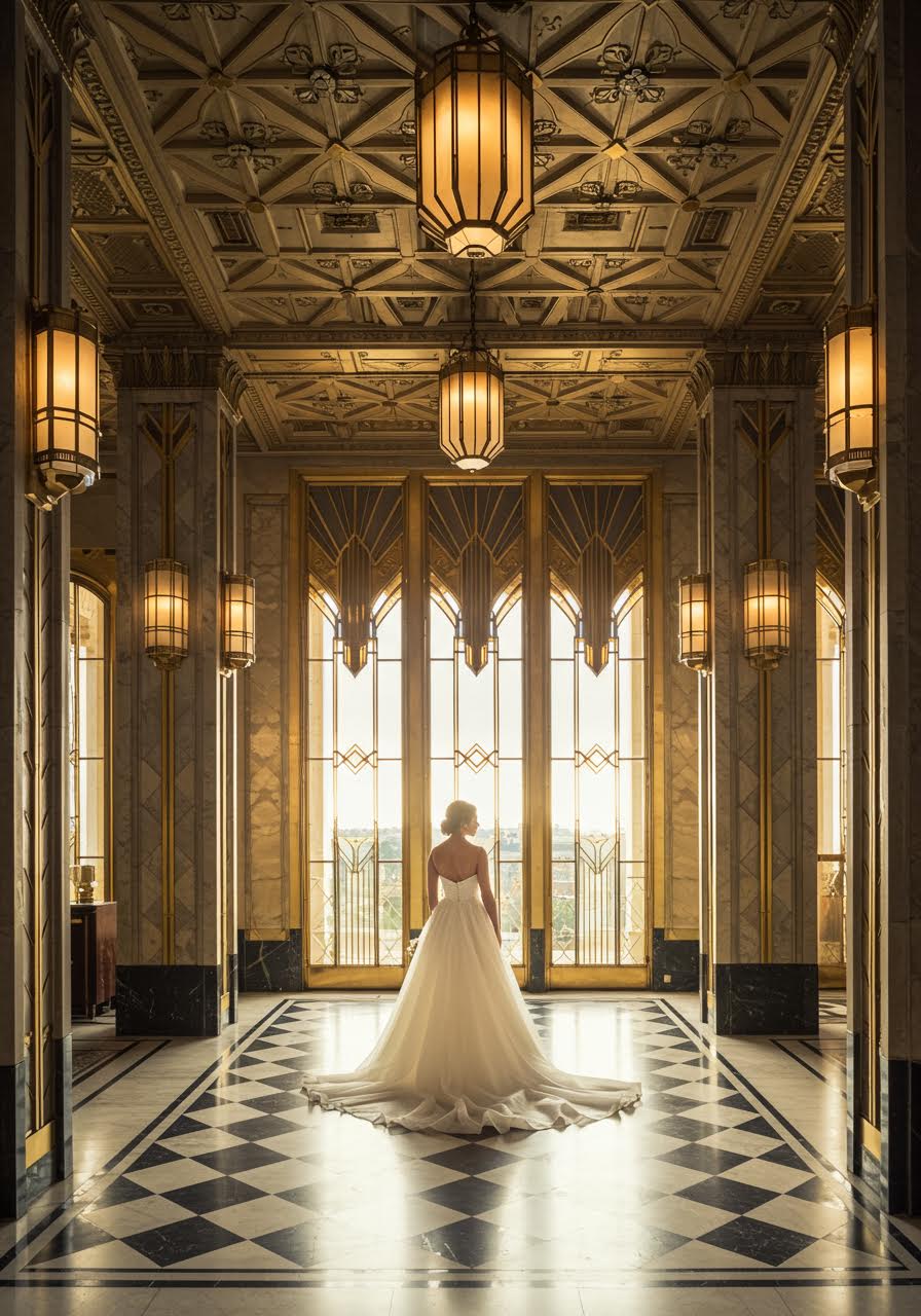 Bride in elegant flowing gown standing in Art Deco wedding venue foyer with geometric ceiling patterns and metallic zigzag motifs