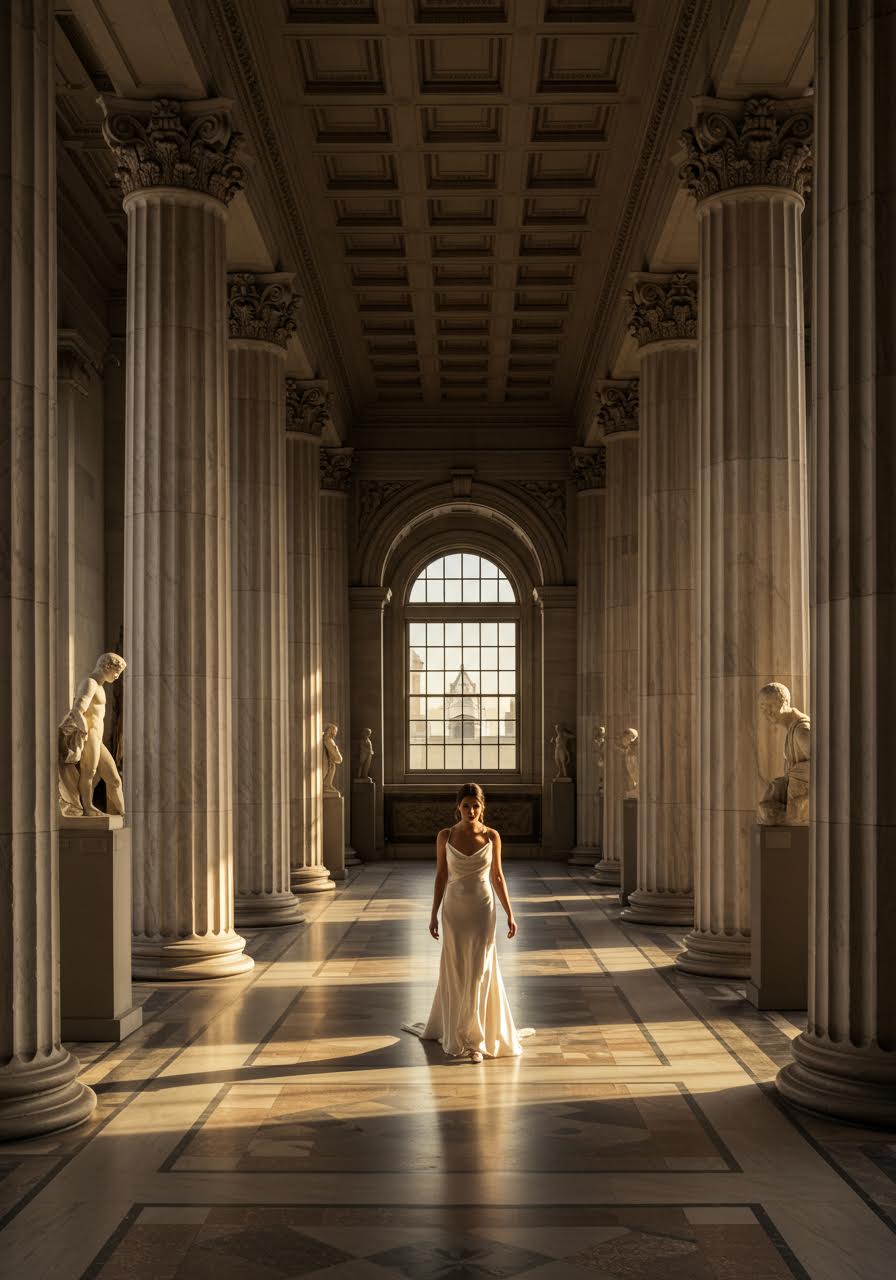 Bride walking through grand neoclassical museum gallery with towering Corinthian columns and ornate coffered ceilings during golden hour