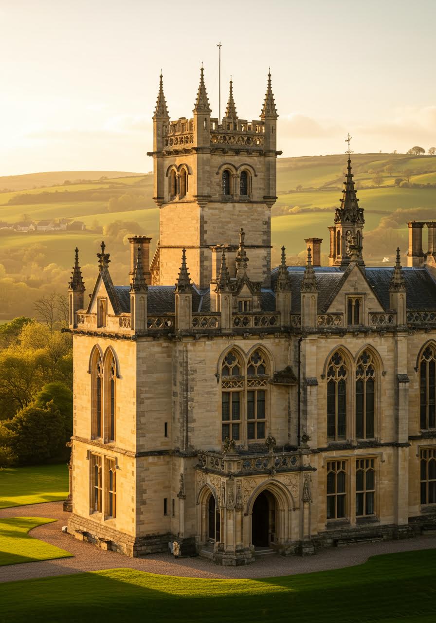 Magnificent Gothic castle with intricate stone tracery and soaring arched windows against rolling green hills during golden hour