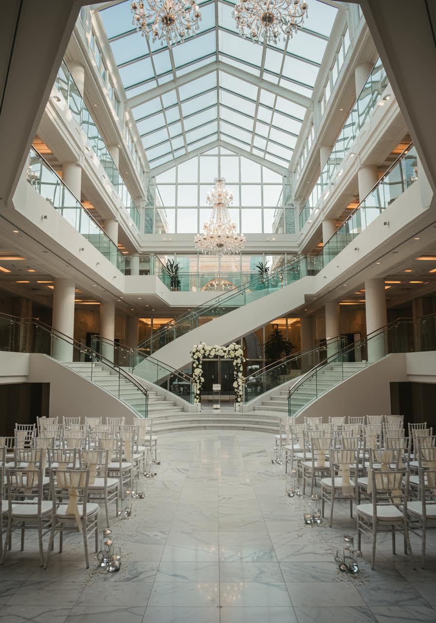 Wedding ceremony setup with white chairs at base of dramatic curved marble staircase leading to multi-story glass atrium