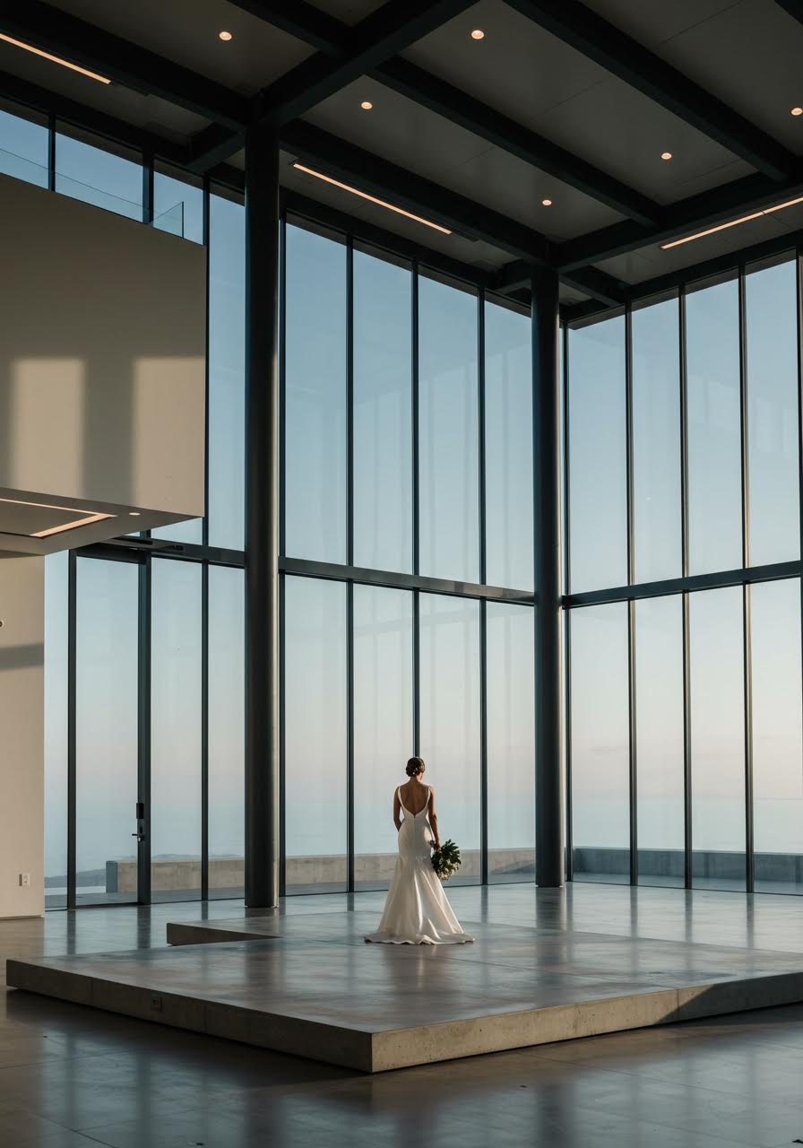 Bride in minimalist gown on geometric concrete platform within modern architectural venue featuring glass walls and steel beams