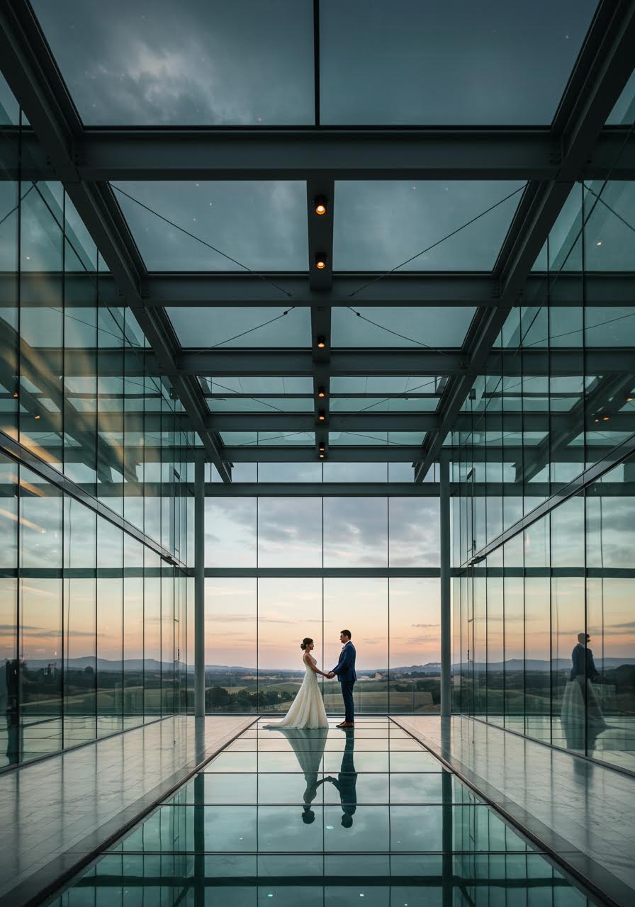Elegant couple on suspended glass walkway in contemporary wedding venue with dramatic steel framework and panoramic mountain views