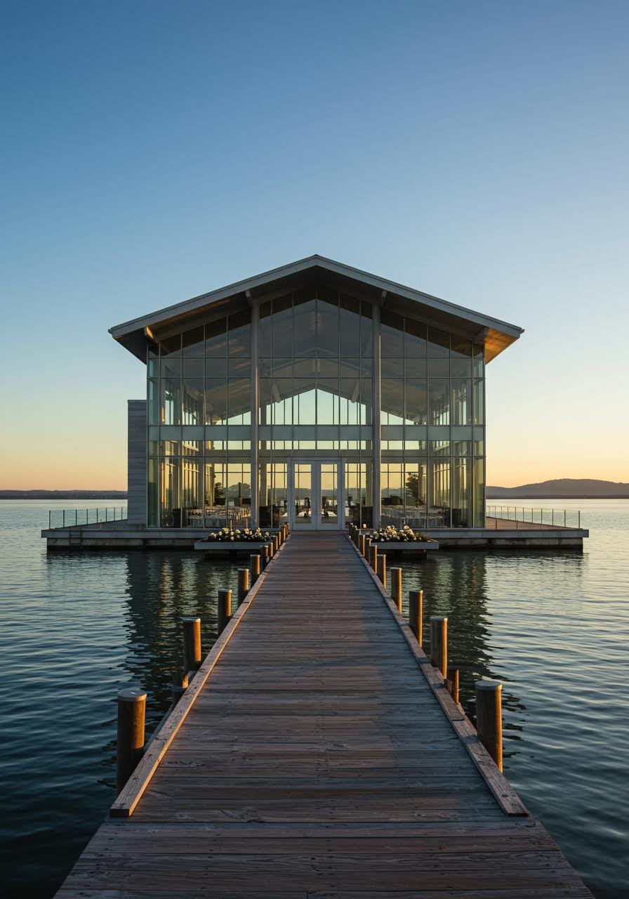 Modern glass and steel wedding venue with floor-to-ceiling windows overlooking serene lake during golden hour
