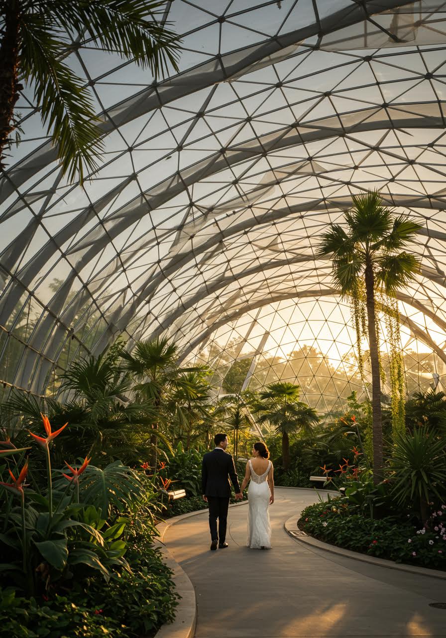 Couple walking through contemporary glass conservatory with geometric panels surrounded by lush tropical palms during golden hour