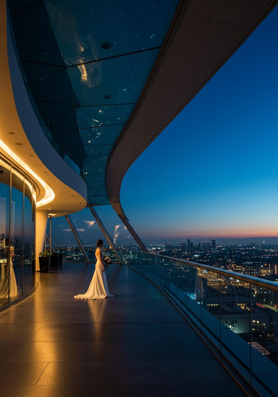 Bride on spectacular glass-walled rooftop terrace with contemporary curved architecture overlooking city skyline during blue hour