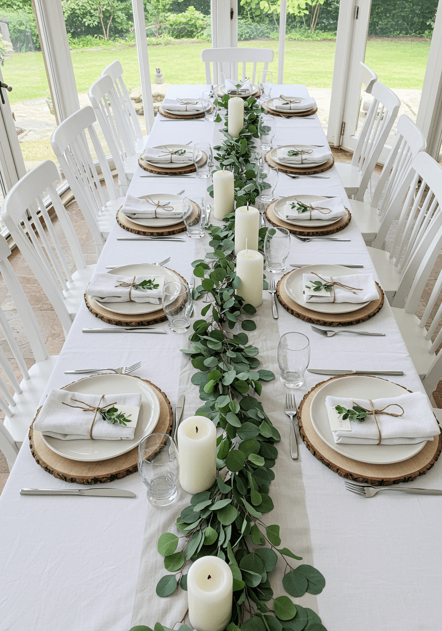 Overhead view of tablescape with white linens, wood chargers, and eucalyptus garlands on farmhouse table in bright sunroom