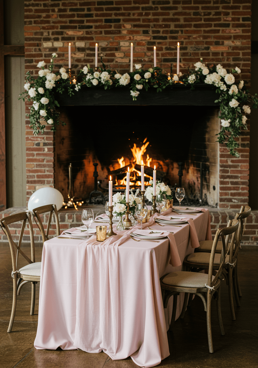 Winter tablescape with white flowers and brass candlesticks set against crackling fireplace