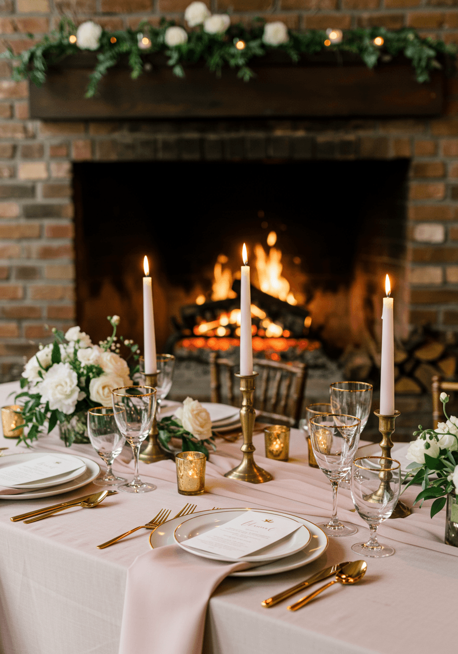 Bridal shower table with blush pink linens and gold-rimmed glassware positioned before grand brick fireplace