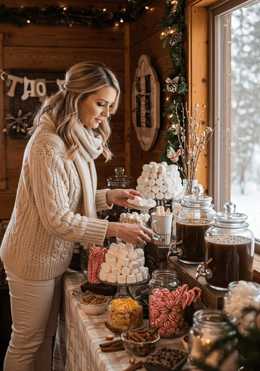 Bride-to-be in cream sweater arranging hot cocoa bar with multiple dispensers and marshmallow towers in rustic cabin
