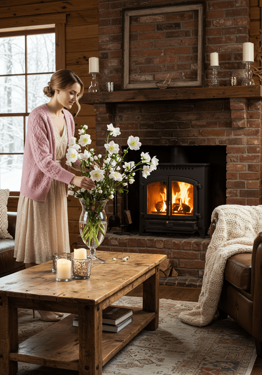 Woman in blush cashmere cardigan arranging white winter flowers beside crackling brick fireplace in cosy cabin