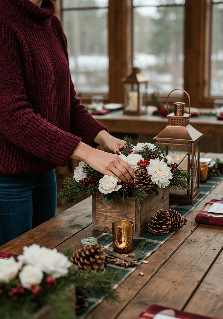 Guest in burgundy sweater arranging white winter flowers and pinecones in wooden box at lodge bridal shower