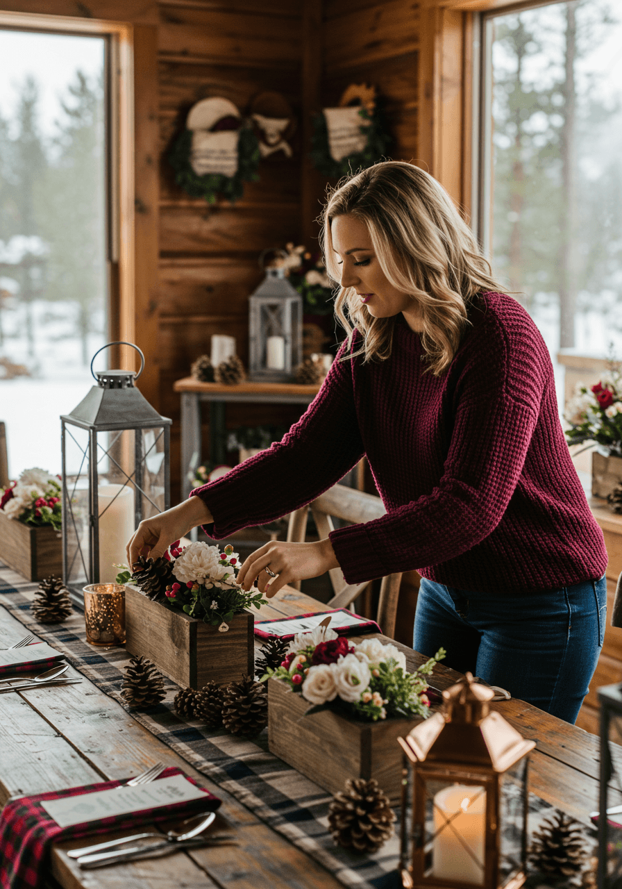 Hands crafting rustic arrangement with pinecones and winter florals on reclaimed wood table