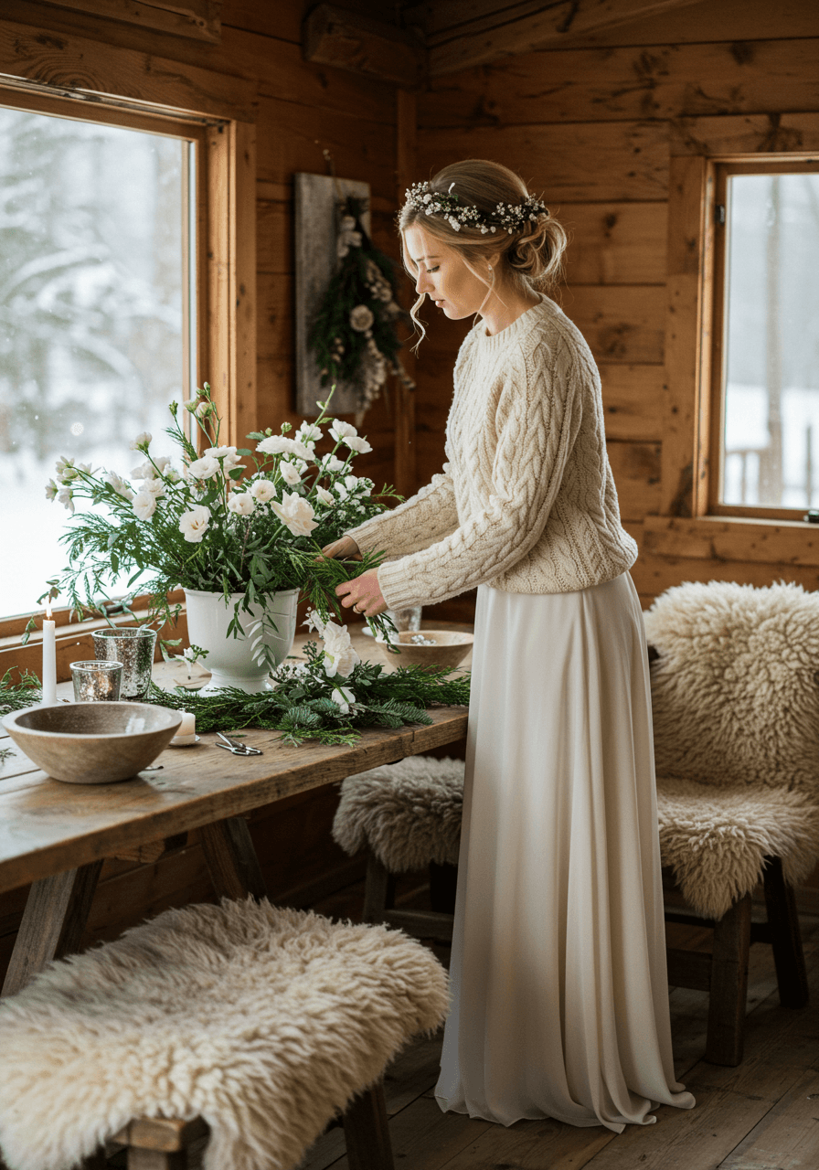 Bride in cream cable-knit sweater and wool skirt arranging white winter flowers on rustic wooden table
