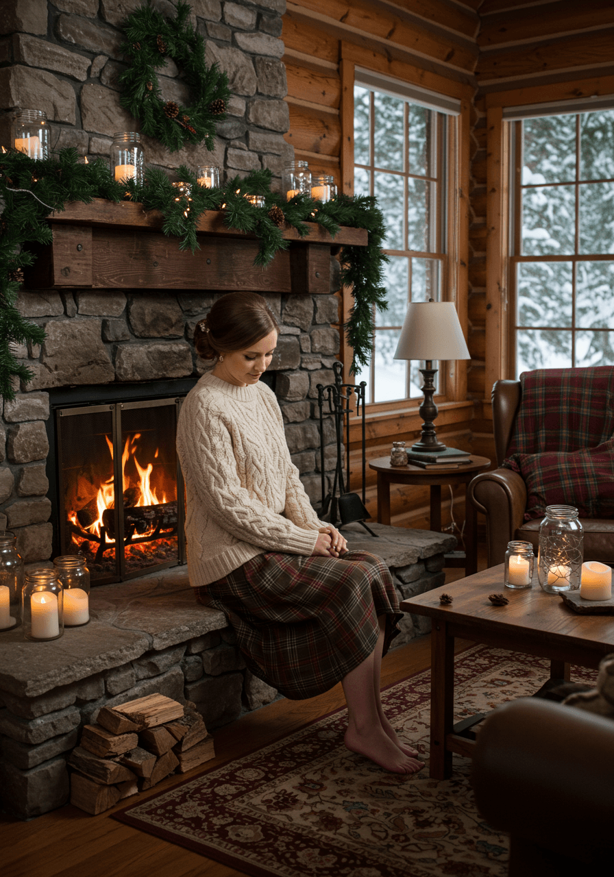 Winter bride in plaid flannel skirt by cosy log cabin fireplace with tartan throw blankets