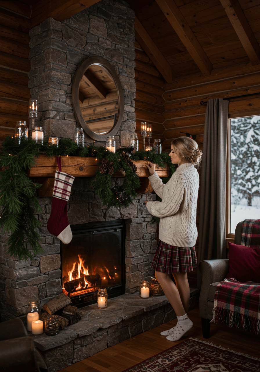 Bride-to-be in cream cable-knit sweater beside rustic mantelpiece with pine garlands and mason jar lanterns
