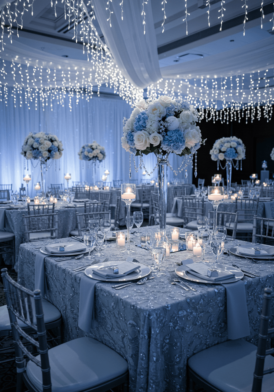 White peonies, silver napkin rings, and flickering candles in crystal holders at winter tablescape