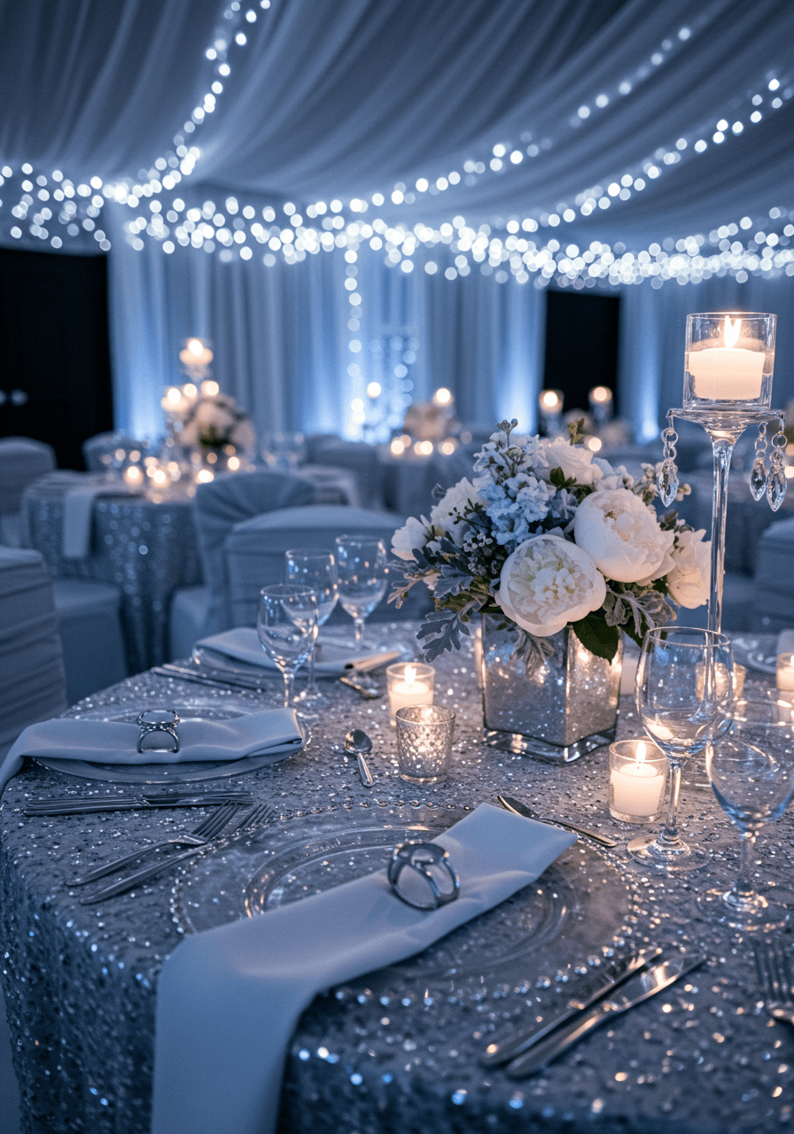 Ice-blue florals, crystal stemware, and frosted glass chargers under icicle lights at elegant bridal shower