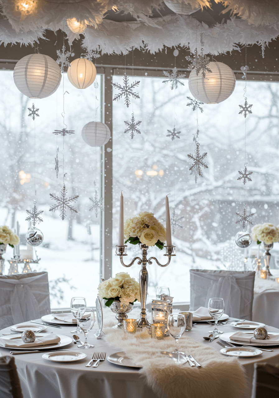 Hanging crystal snowflakes and white paper lanterns framing view of falling snow at elegant indoor bridal shower