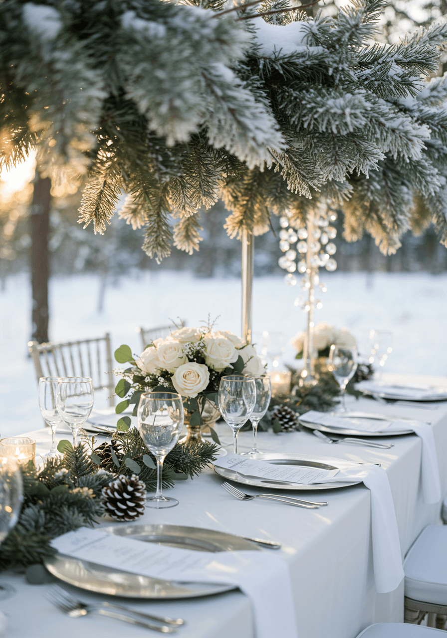 Crystal glassware and white roses set under natural pine canopy in snowy forest at winter bridal shower