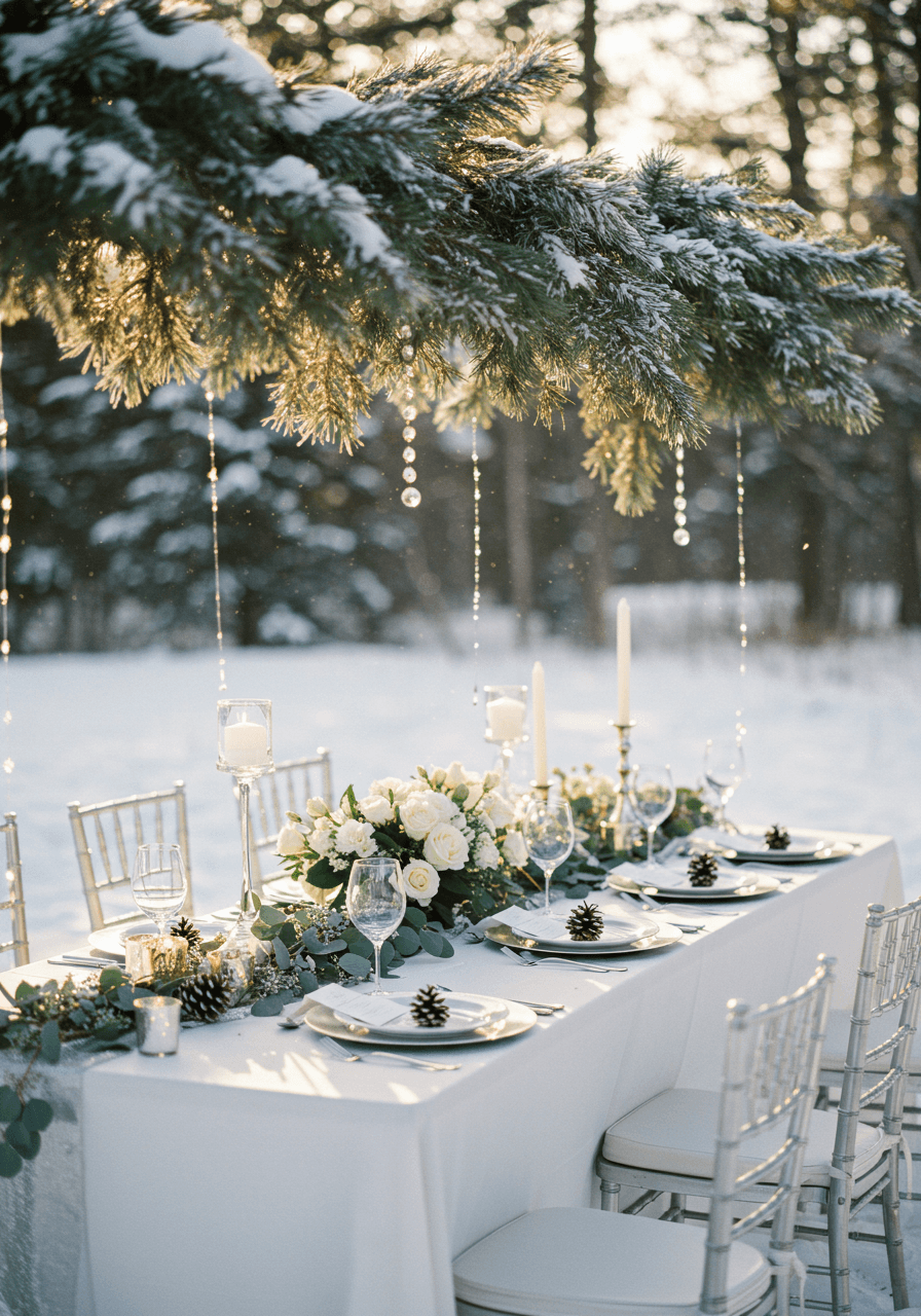White and silver tablescape beneath canopy of frosted pine branches in outdoor forest clearing during golden hour